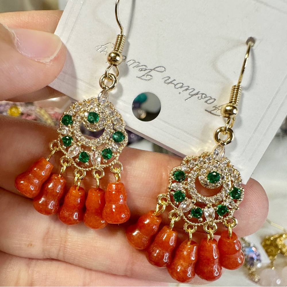 Red Jade Dangle Earrings 1.9 inches long